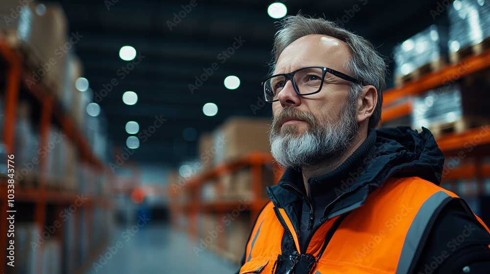 Poster efficient warehouse manager reviewing reports in large storage facility, showcasing focus and determ