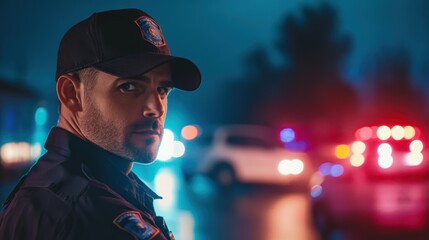 Man in dark police uniform and cap standing sideways, looking into the distance, police cars with flashing lights in the background, night setting stock minimalist photo