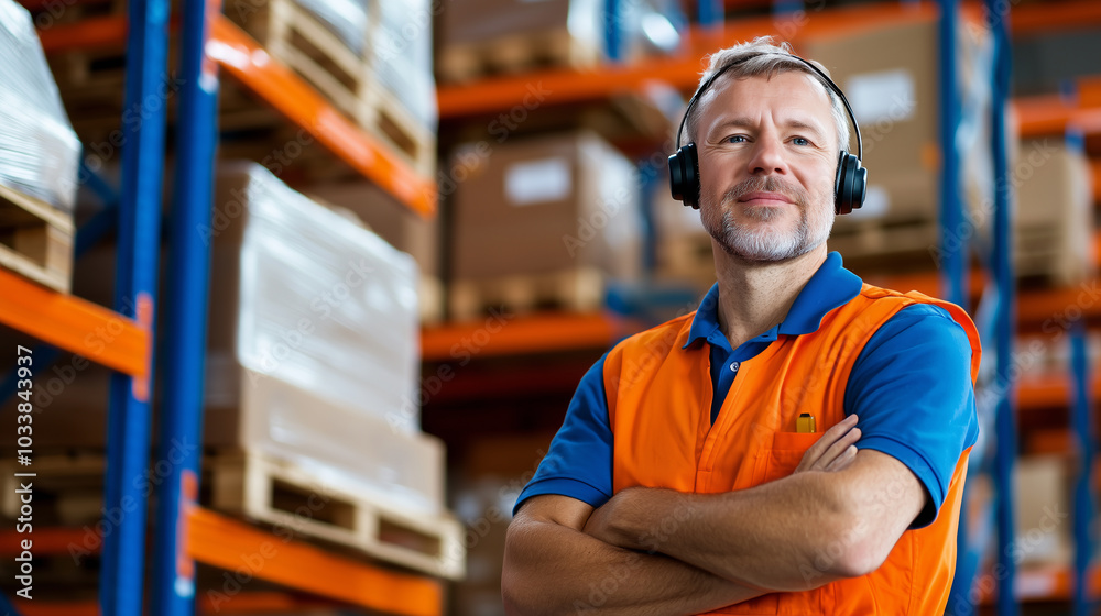 Poster warehouse manager with headset overseeing operations, smiling confidently in vibrant orange vest. ba
