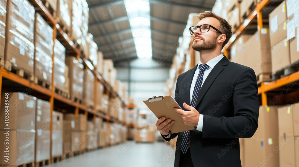 Poster efficient warehouse manager with clipboard supervises inventory in large storage facility, ensuring 