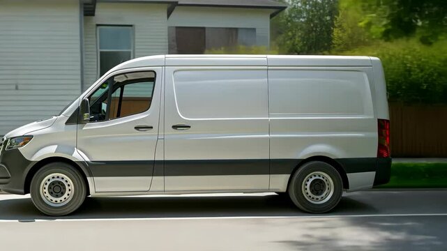 White Cargo Van Mockup Parked in a Residential Driveway with Greenery and Modern House in Background During a Sunny Day