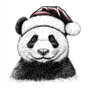 recommend clip art: Black and white Vintage engraved art of a panda with a Christmas Santa hat, isolated on white background, ink sketch illustration, simple vector art design, highly detailed line art, high contrasty