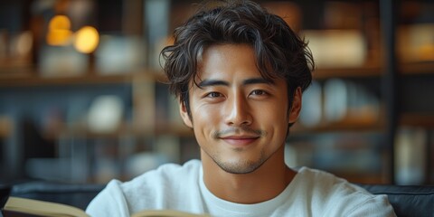 Relaxed Man Smiling While Reading a Book in Cozy Library