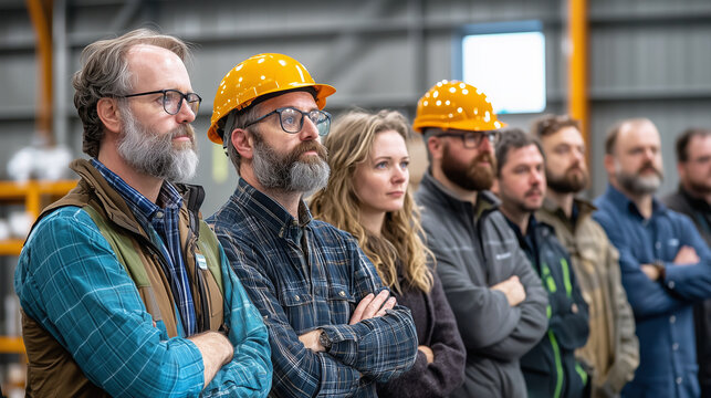 Experienced team members gather for morning briefing in warehouse, showcasing safety protocols with hard hats. Their focused expressions reflect commitment to workplace safety