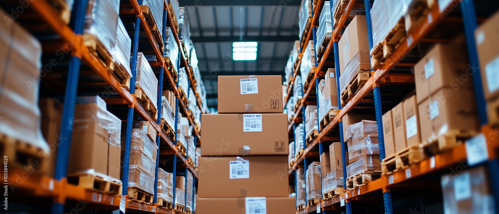 Poster efficient warehouse layout with clear safety markings, showcasing neatly stacked boxes on shelves. o