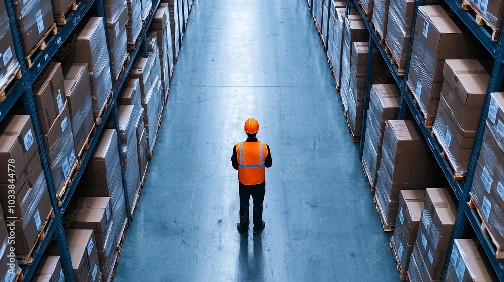 Poster warehouse worker stands in organized storage area, surrounded by neatly stacked boxes. bright orange