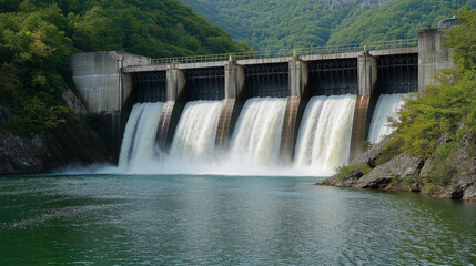 Obraz premium Dam with water flowing surrounded by lush greenery