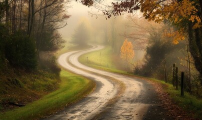 Obraz premium Serene Curving Road in Autumn Foggy Landscape