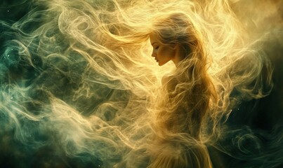 Fototapeta premium Ethereal Woman in Flowing Golden Abstract Clouds