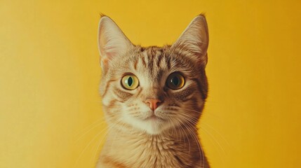 cat with a curious face, on a bright yellow background with even light