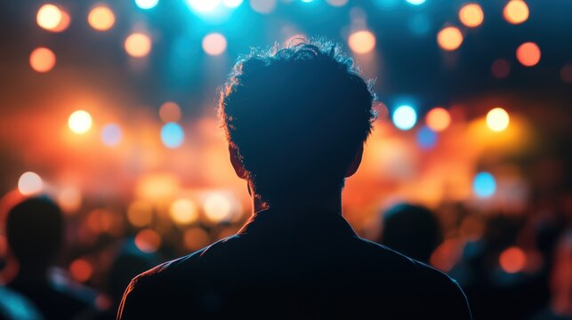 A person with speach speech, stanging on stage and illuminated by soft stage lights, with the crowd out of focus behind them, back view