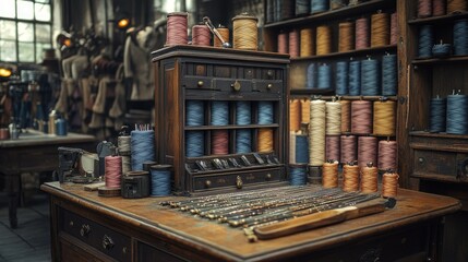 Organized workspace with tailoras tools and threads