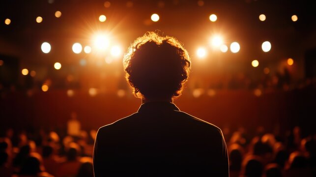 A person with speach speech, stanging on stage and illuminated by soft stage lights, with the crowd out of focus behind them, back view