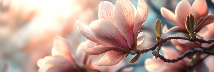Delicate magnolia flowers bloom softly in warm sunlight. Their pink petals create a gentle, serene atmosphere, perfect for nature lovers. A stunning capture of beauty. AI