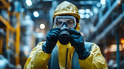 A safety worker in protective gear captures industrial images in a vibrant factory setting, emphasizing the importance of safety and photography.