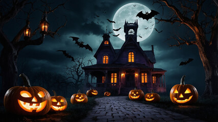 Fototapeta premium Spooky Halloween background with haunted house, eerie trees, glowing pumpkins, bats, and full moon. Dark, ominous atmosphere in black, purple, and orange.