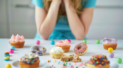 A person sitting alone, looking sad, surrounded by various sugary foods like donuts, cupcakes, and candy on a table. The background is slightly blurred to focus on the person and the sugary items. --a