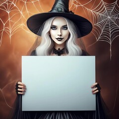 Jolie sorci&egrave;re d'Halloween envoutante et myst&eacute;rieuse, au cheveux blanc et aux yeux bleus, souriant et tenant une pancarte, arri&egrave;re-plan de fum&eacute;e avec toiles d'araign&eacute;es