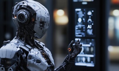 Futuristic Robot Interacting with Digital AI Interface