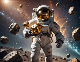 Fototapeta premium Asteroid Miner Astronaut holding a huge gold nugget that promises infinite gold and riches