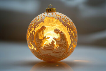 Illuminated golden Christmas ornament featuring a nativity scene
