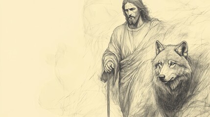 Fototapeta premium A wolf lurks in the shadows its eyes glinting ready to attack the flock But the Good Shepherd stands resolute staff in hand ready to defend his sheep from the predator