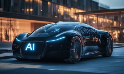 Fototapeta premium Futuristic AI Car in Urban Nightscape