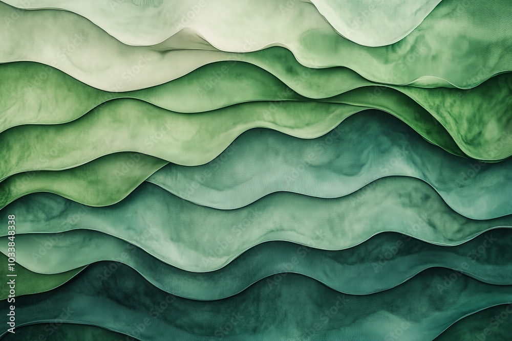 Poster Layered waves in green tones embody a dynamic yet soothing visual effect, exuding depth and tranquility with a complex and harmonious pattern in abstract form.