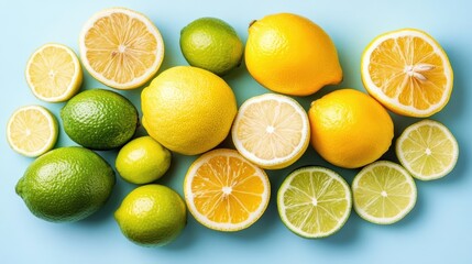 Fototapeta premium A flat lay of vibrant lemons and limes arranged on a light blue background.