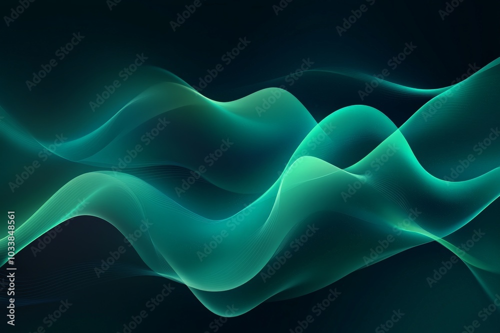 Poster a mesmerizing digital artwork featuring fluid, undulating green waves, creating a sense of movement 