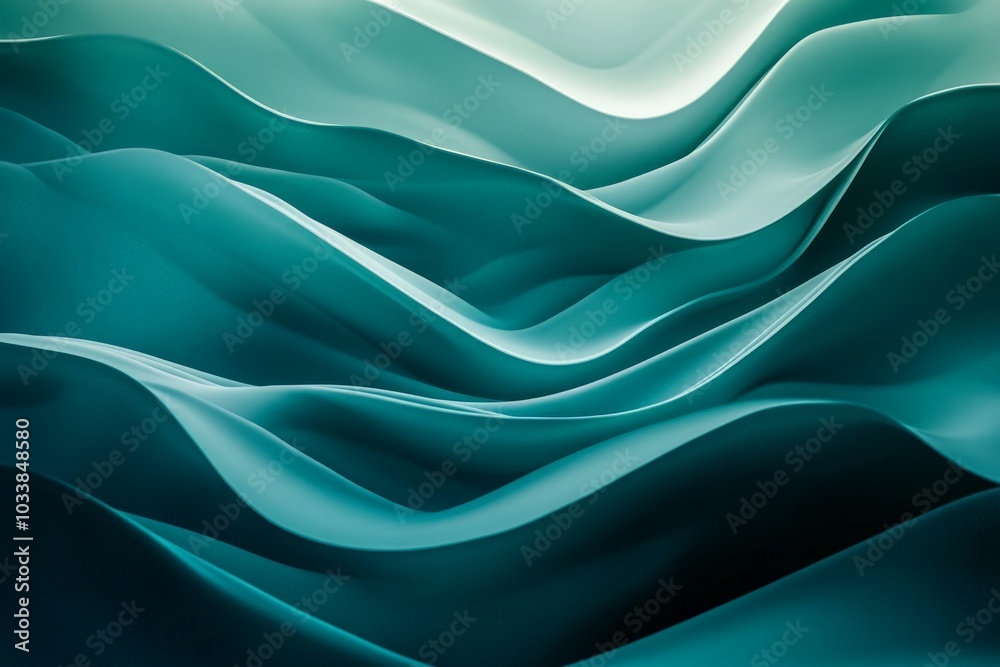 Poster an elegant abstract image with smooth flowing teal waves, demonstrating a minimalist style, inducing
