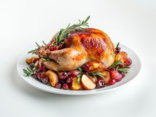 roast turkey and all the fixings on a white dinner plate with shadows