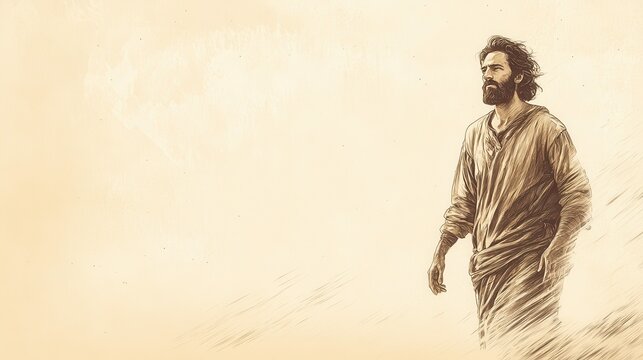 John the Baptist with a rugged and determined appearance walks through the desert wilderness on a mission to prepare the way for the coming of the Lord as described in the Gospel of Matthew