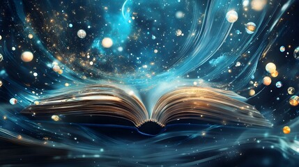 Magical Open Book Glowing with Cosmic Energy and Imagination