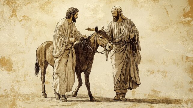 depiction of the biblical narrative from the Gospel of Mark where Jesus enters Jerusalem on a colt as his disciples follow and he then proceeds to cleanse the temple