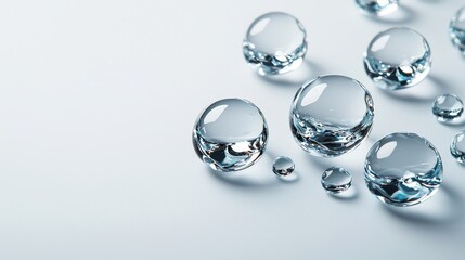 Fototapeta premium Perfectly round water droplets glistening on a smooth white background, reflecting light in a clean and elegant arrangement, top view