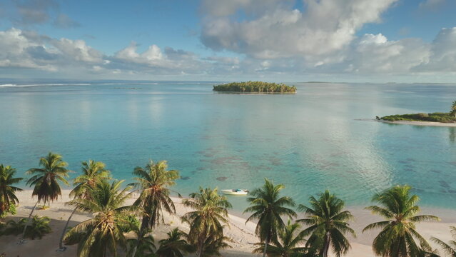 Aerial view turquoise lagoon and tropical island with palm trees and white sand beach in Tikehau, French Polynesia. Remote wild nature paradise, exotic summer luxury travel. Drone panorama shot