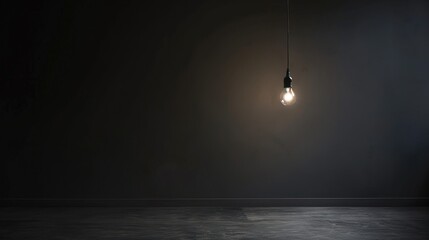 Dark empty room with single flickering light bulb casting long shadows, emphasizing absence of power and eerie atmosphere, minimalist setting with focus on light bulb's glow.