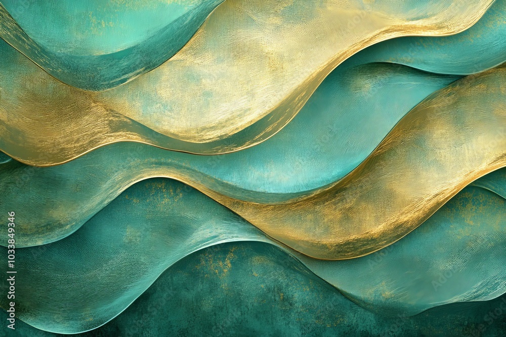 Poster This image features elegant, flowing teal waves accented with gold highlights, creating a serene and sophisticated abstract pattern that evokes calmness and luxury.