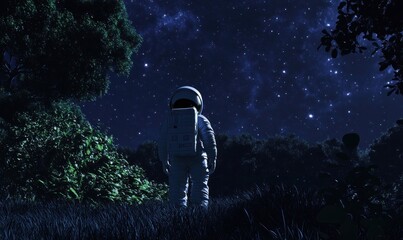 Astronaut Under Starry Night Sky in Forest