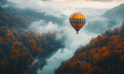 Obraz premium Hot Air Balloon Over Autumn Forest and River at Dawn