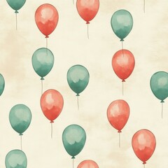 Vintage Coral and Mint Balloon pattern on vintage beige fabric background, seamless repeating pattern, textile print style, minimal, fresh balloon design, summer decor, textile