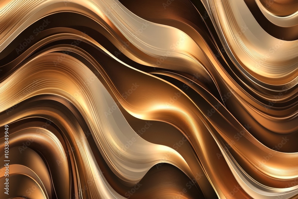 Poster This image features abstract fluid golden waves with a metallic shine, creating a luxurious and sophisticated feel, perfect for modern design concepts.