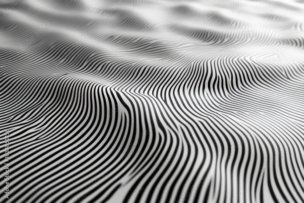 Poster An abstract image features black and white wavy lines creating textured patterns, evoking a sense of rhythm and movement in a minimalist design.