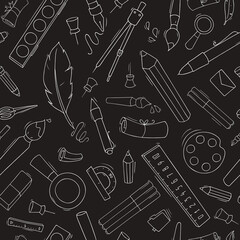Seamless pattern with school and office stationery. Education concept background with study supplies, pencils, pen, ruler, eraser, paints and brush, vector cartoon illustration