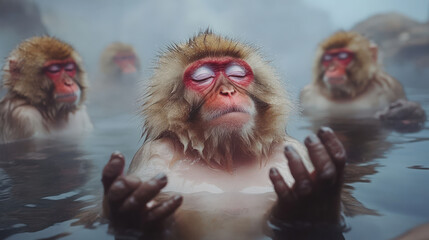 Naklejka premium A serene Japanese winter landscape, snow monkeys relaxes in a steaming onsen.