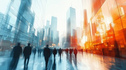 Obraz premium Blurred Cityscape with People Walking Amid Tall Skyscrapers in Motion