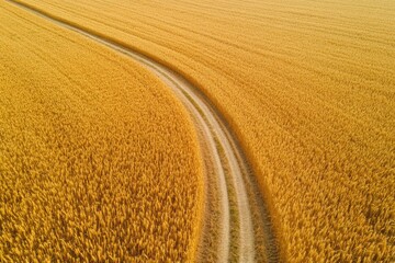 Fototapeta premium An expansive aerial photograph depicting vast golden wheat fields bisected by a curving dirt path, conveying a sense of exploration and agricultural majesty.
