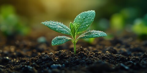 Fresh Seedling with Dewdrops Growing in Soil
