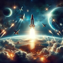 Fototapeta premium Rocket ships are launched into space from Earth.